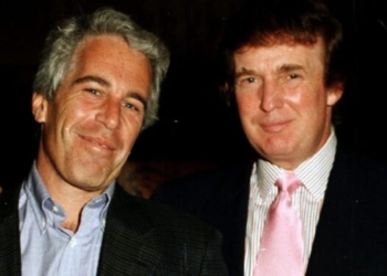 Portrait of American financier Jeffrey Epstein (left) and real estate developer Donald Trump as they pose together at the Mar-a-Lago estate, Palm Beach, Florida, 1997. (Photo by Davidoff Studios/Getty Images)