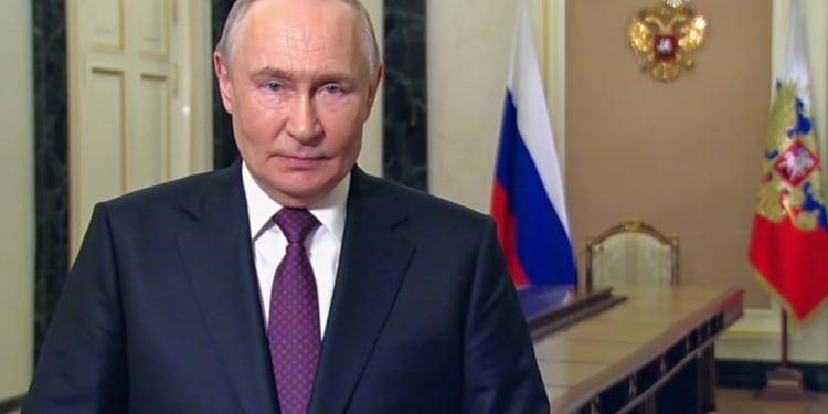RUSSIA, MOSCOW - MAY 19, 2026: Russia's President Vladimir Putin delivers a video address ahead of his official visit to China. Video screen grab. Best quality available. Mikhail Metzel/Russian Presidential Press and Information Office/TASS