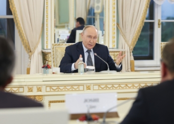 RUSSIA, ST PETERSBURG - JUNE 4, 2026: Russia’s President Vladimir Putin during a meeting with top executives of international information agencies at the Constantine Palace on the sidelines of the 2026 St Petersburg International Economic Forum. Valery Sharifulin/TASS