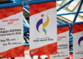 Banners show logos of the 20th Asian Games Aichi-Nagoya 2026 in Nagoya City, Aichi, Japan, on May 22, 2026. ( The Yomiuri Shimbun via AP Images )