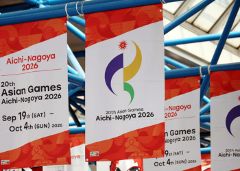 Banners show logos of the 20th Asian Games Aichi-Nagoya 2026 in Nagoya City, Aichi, Japan, on May 22, 2026. ( The Yomiuri Shimbun via AP Images )