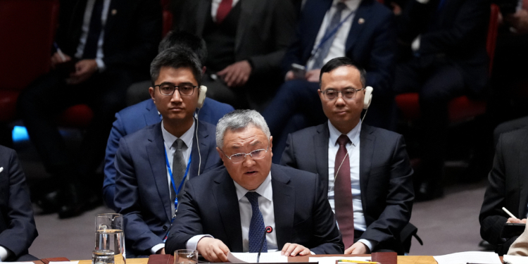 Fu Cong, China's permanent representative to the United Nations, during a United Nations (UN) Security Council meeting in New York, US, on Saturday, Feb. 28, 2026. Ayatollah Ali Khamenei, the supreme leader of Iran who dominated every aspect of the country for more than three decades as it faced off with the West, was killed Saturday after the US and Israel launched airstrikes on Iran, according to President Donald Trump. Photographer: Adam Gray/Bloomberg