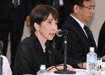 Japanese Prime Minister Sanae TAKAICHI meets representatives of atomic bomb survivors' groups and other organizations in Nagasaki City, Nagasaki Prefecture, Japan, on August 9, 2026, the 81st anniversary of the U.S. atomic bombing of Nagasaki. The United States dropped the plutonium atomic bomb "Fat Man" on Nagasaki at 11:02 a.m. on August 9, 1945, killing an estimated 74,000 people by the end of that year. ( The Yomiuri Shimbun via AP Images )