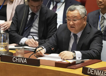 China UN Ambassador Fu Cong addresses a United Nations Security Council meeting, Friday, June 20, 2025. (AP Photo/Richard Drew)