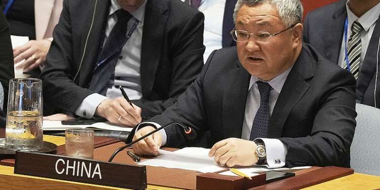 China UN Ambassador Fu Cong addresses a United Nations Security Council meeting, Friday, June 20, 2025. (AP Photo/Richard Drew)
