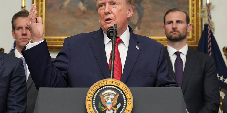 President Donald Trump speaks during a meeting with technology leaders in the Roosevelt Room of the White House, Wednesday, Aug. 19, 2026, in Washington. (AP Photo/Jacquelyn Martin)