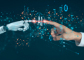 A man interacts with a smart robot, utilizing AI and machinelearning to facilitate deep learning and data exchange, showcasing the synergy of human and artificial intelligence