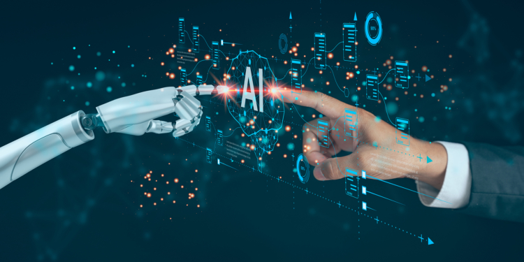 A man interacts with a smart robot, utilizing AI and machinelearning to facilitate deep learning and data exchange, showcasing the synergy of human and artificial intelligence