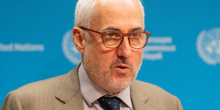 NEW YORK, UNITED STATES - 2025/10/31: Stephane Dujarric, spokesperson for the Secretary-General moderates press briefing at UN Headquarters. (Photo by Lev Radin/Pacific Press/LightRocket via Getty Images)