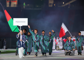 An opening ceremony of the Asian Para Games is held at Paloma Mizuho Stadium in Nagoya City, Aichi Prefecture, Japan, on October 18, 2026. The Afghan delegation enters. The Asian Para Games will be held until Oct. 24th. ( The Yomiuri Shimbun via AP Images )