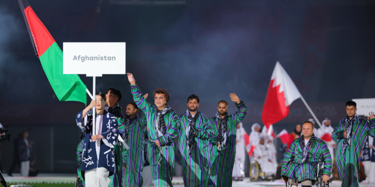 An opening ceremony of the Asian Para Games is held at Paloma Mizuho Stadium in Nagoya City, Aichi Prefecture, Japan, on October 18, 2026. The Afghan delegation enters. The Asian Para Games will be held until Oct. 24th. ( The Yomiuri Shimbun via AP Images )